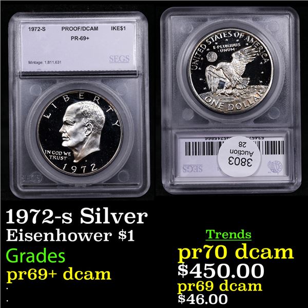 Proof 1972-s Silver Eisenhower Dollar $1 Graded pr69+ dcam By SEGS