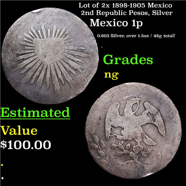 Lot of 2x 1898-1905 Mexico 2nd Republic Pesos, Silver Grades
