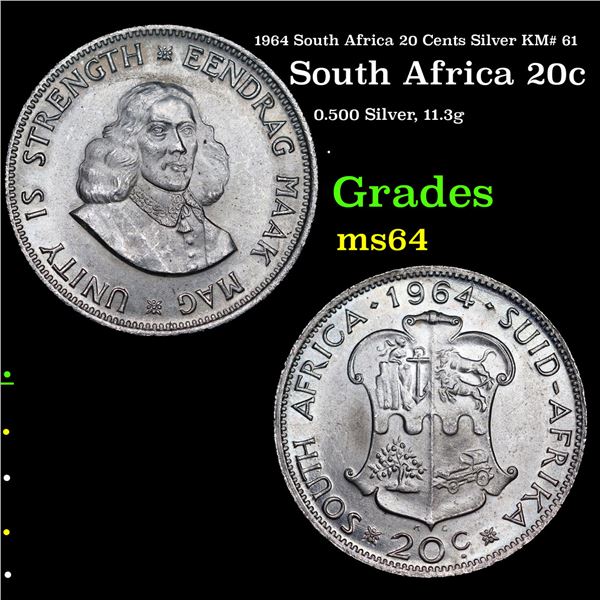 1964 South Africa 20 Cents Silver KM# 61 Grades Choice Unc
