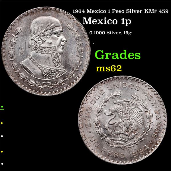 1964 Mexico 1 Peso Silver KM# 459 Grades Select Unc