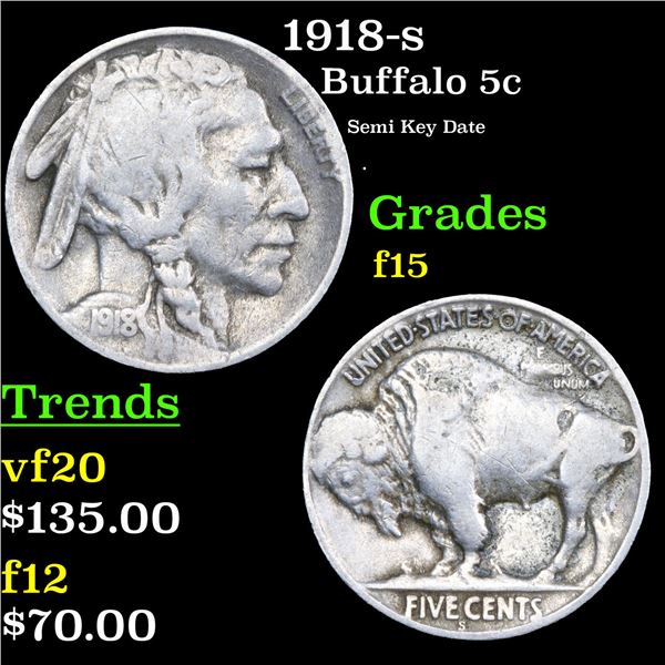 1918-s Buffalo Nickel 5c Grades f+