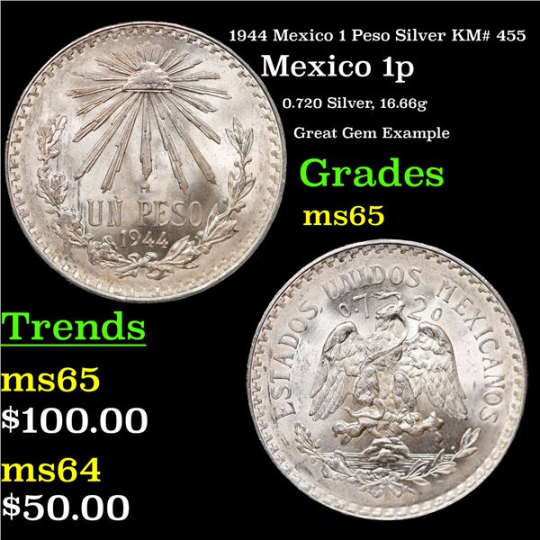1944 Mexico 1 Peso Silver KM# 455 Grades GEM Unc