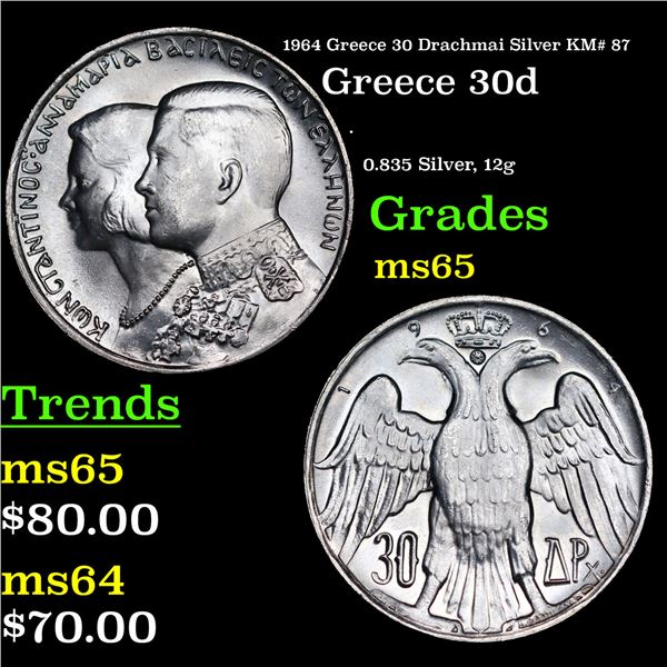1964 Greece 30 Drachmai Silver KM# 87 Grades GEM Unc