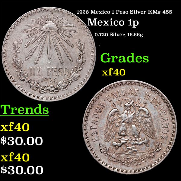1926 Mexico 1 Peso Silver KM# 455 Grades xf