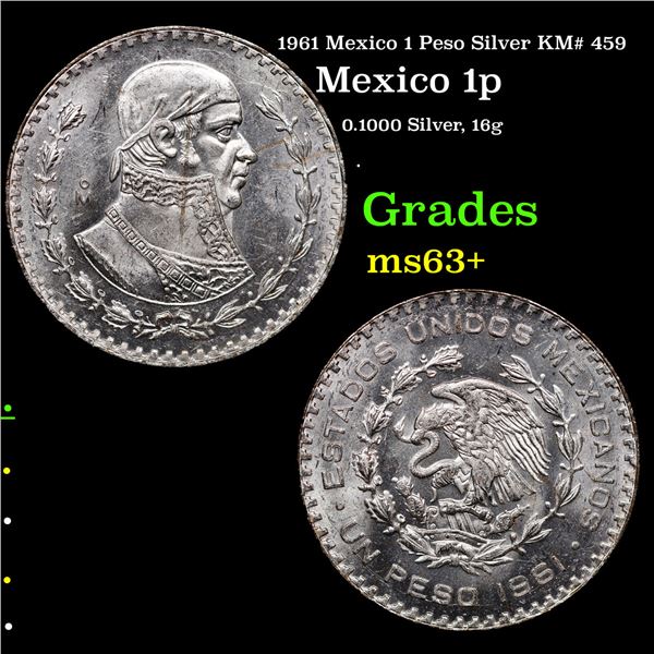1961 Mexico 1 Peso Silver KM# 459 Grades Select+ Unc