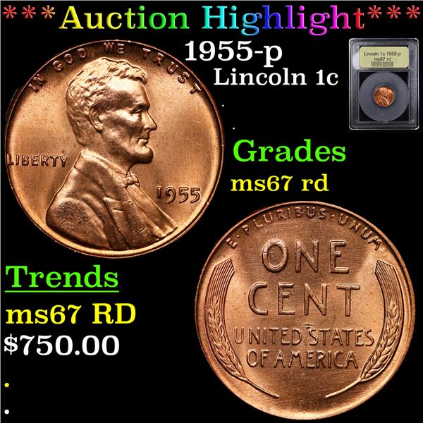 ***Auction Highlight*** 1955-p Lincoln Cent 1c Graded GEM++ Unc RD By USCG (fc)