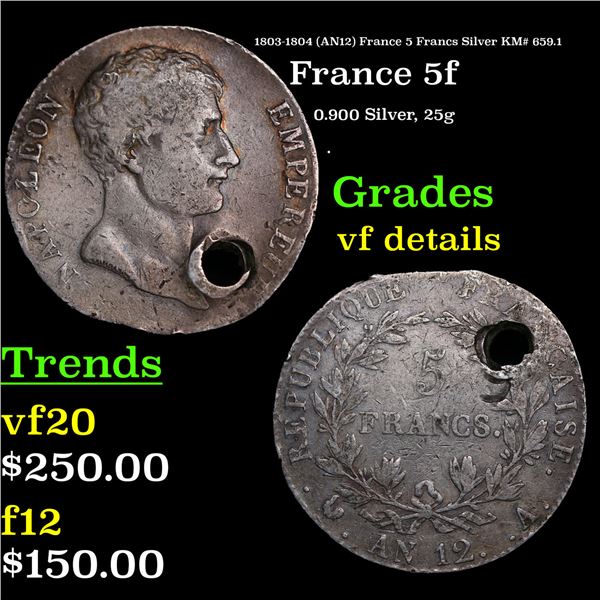 1803-1804 (AN12) France 5 Francs Silver KM# 659.1 Grades vf details