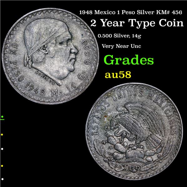 1948 Mexico 1 Peso Silver KM# 456 Grades Choice AU/BU Slider