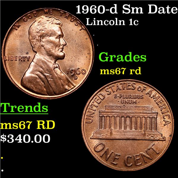 1960-d Sm Date Lincoln Cent 1c Grades GEM++ Unc RD