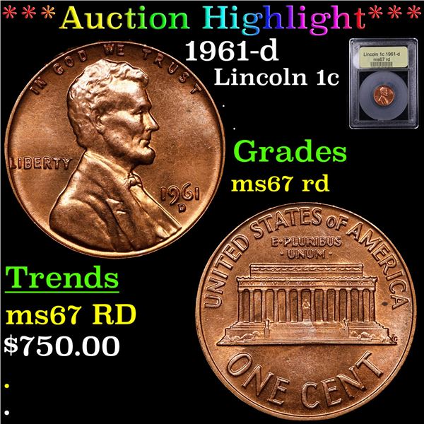 ***Auction Highlight*** 1961-d Lincoln Cent 1c Graded GEM++ Unc RD By USCG (fc)