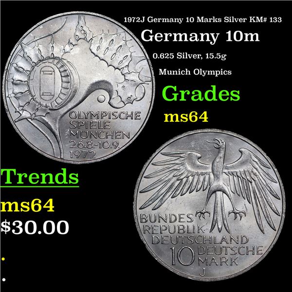 1972J Germany 10 Marks Silver KM# 133 Grades Choice Unc