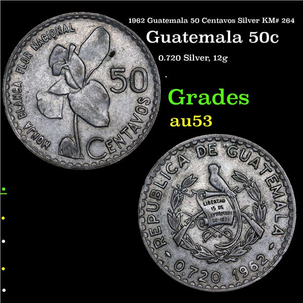 1962 Guatemala 50 Centavos Silver KM# 264 Grades Select AU