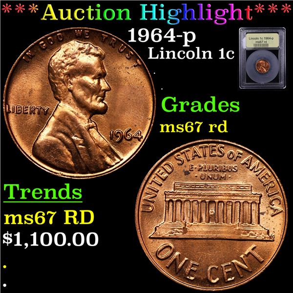 ***Auction Highlight*** 1964-p Lincoln Cent 1c Graded GEM++ Unc RD By USCG (fc)