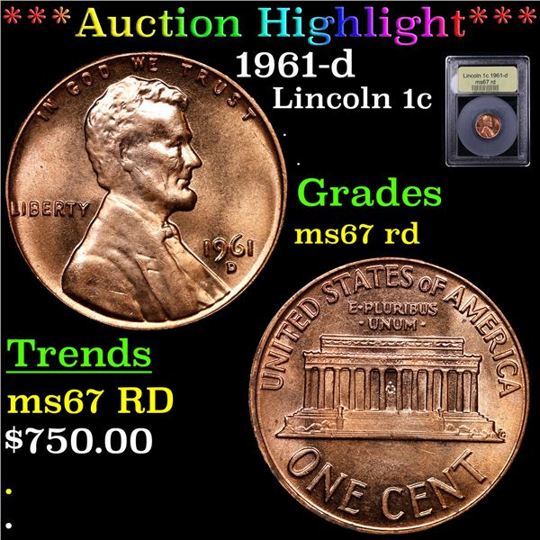 ***Auction Highlight*** 1961-d Lincoln Cent 1c Graded GEM++ Unc RD By USCG (fc)