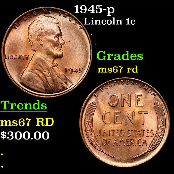 1945-p Lincoln Cent 1c Grades GEM++ Unc RD