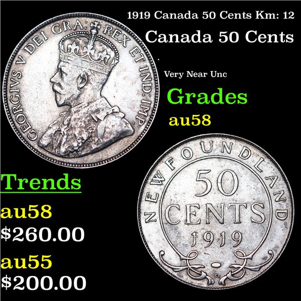 1919 Canada 50 Cents Km: 12 Grades Choice AU/BU Slider