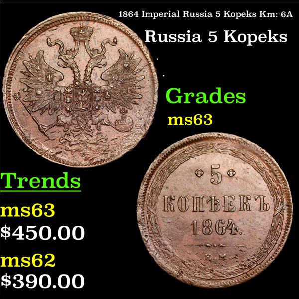 1864 Imperial Russia 5 Kopeks Km: 6A Grades Select Unc