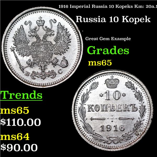 1916 Imperial Russia 10 Kopeks Km: 20a.1 Grades GEM Unc