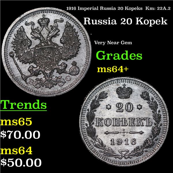 1916 Imperial Russia 20 Kopeks  Km: 22A.2 Grades Choice+ Unc