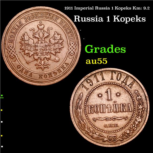 1911 Imperial Russia 1 Kopeks Km: 9.2 Grades Choice AU