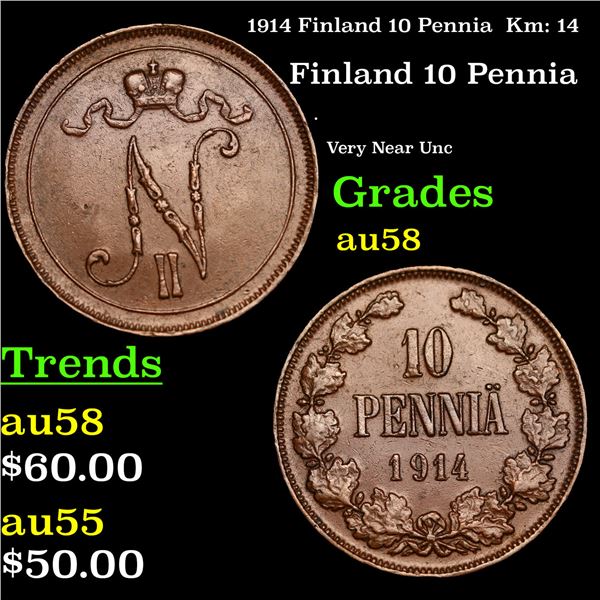 1914 Finland 10 Pennia  Km: 14 Grades Choice AU/BU Slider