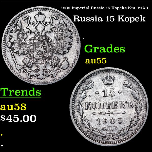 1909 Imperial Russia 15 Kopeks Km: 21A.1 Grades Choice AU