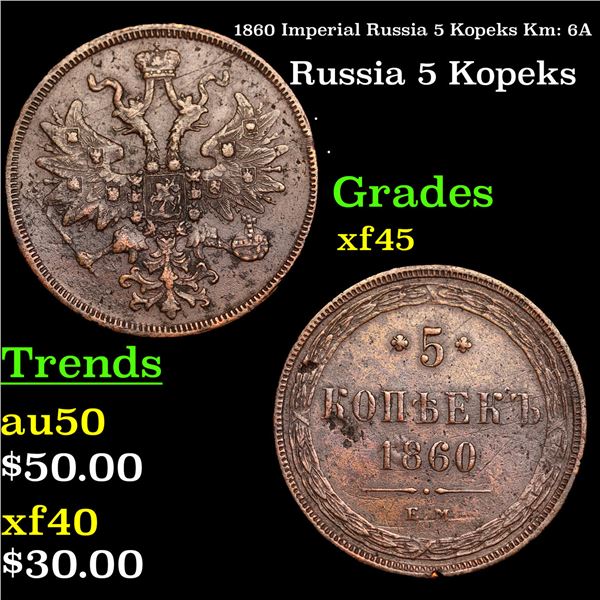 1860 Imperial Russia 5 Kopeks Km: 6A Grades xf+