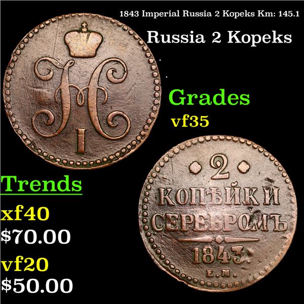 1843 Imperial Russia 2 Kopeks Km: 145.1 Grades vf++