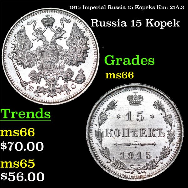 1915 Imperial Russia 15 Kopeks Km: 21A.3 Grades GEM+ Unc