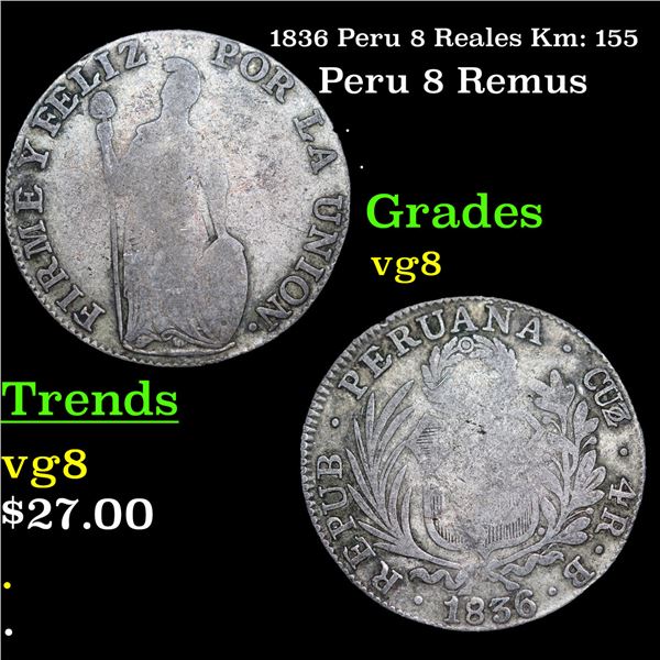 1836 Peru 8 Reales Km: 155 Grades vg, very good