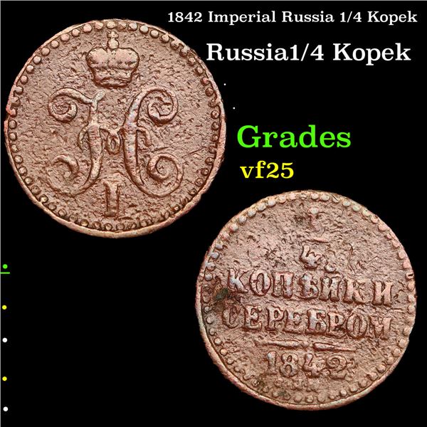 1842 Imperial Russia 1/4 Kopek Grades vf+