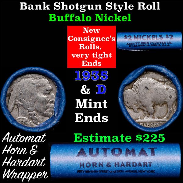 Buffalo Nickel Shotgun Roll in Old Bank Style 'Abbott Coin Counter' Wrapper 1935 & d Mint Ends