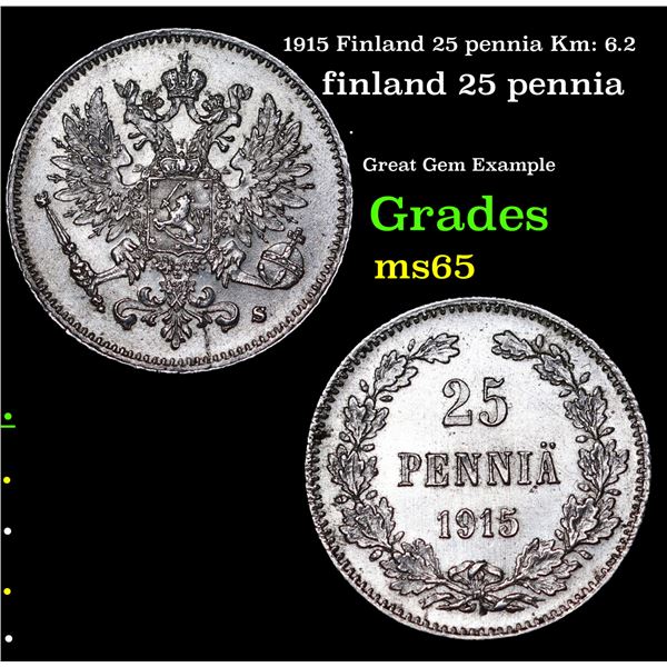 1915 Finland 25 pennia Km: 6.2 Grades GEM Unc