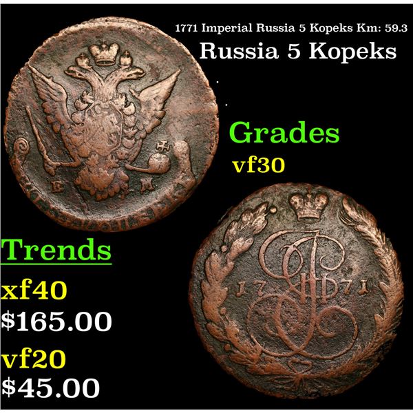 1771 Imperial Russia 5 Kopeks Km: 59.3 Grades vf++