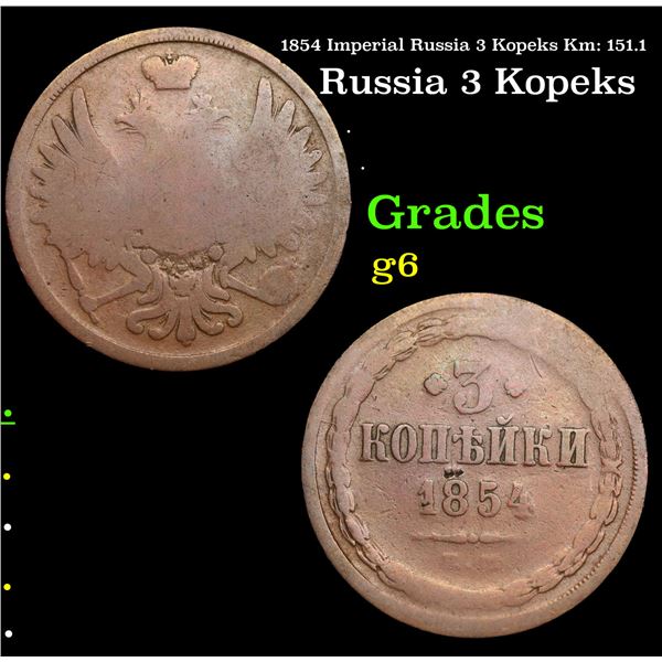 1854 Imperial Russia 3 Kopeks Km: 151.1 Grades g+