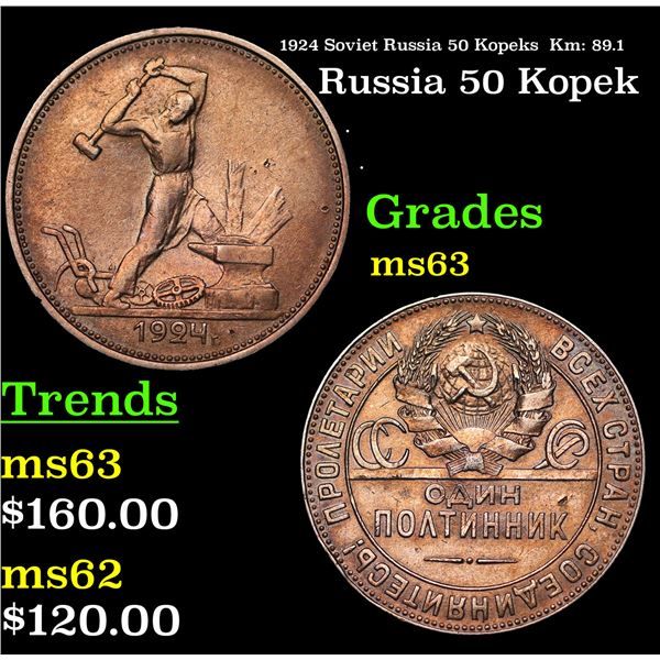 1924 Soviet Russia 50 Kopeks  Km: 89.1 Grades Select Unc