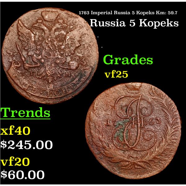 1763 Imperial Russia 5 Kopeks Km: 59.7 Grades vf+