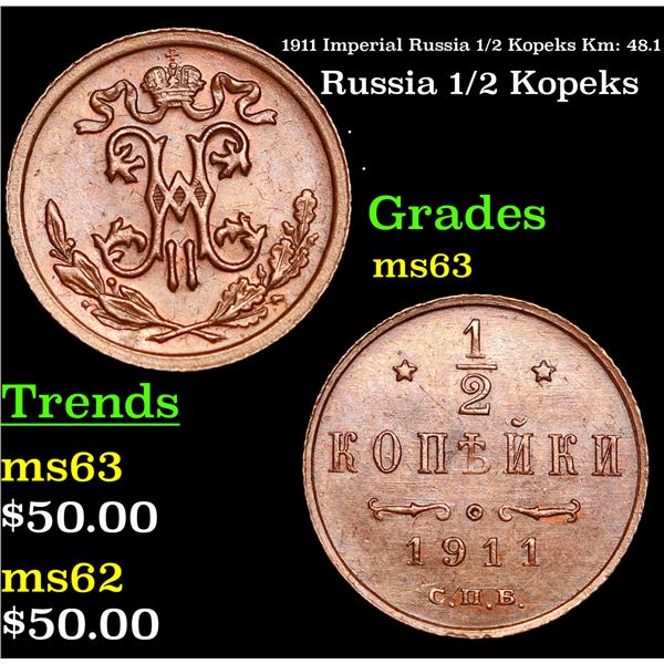 1911 Imperial Russia 1/2 Kopeks Km: 48.1 Grades Select Unc