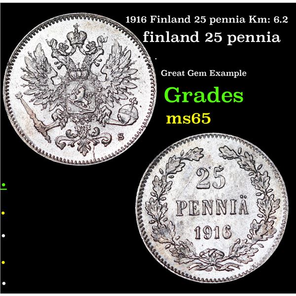 1916 Finland 25 pennia Km: 6.2 Grades GEM Unc