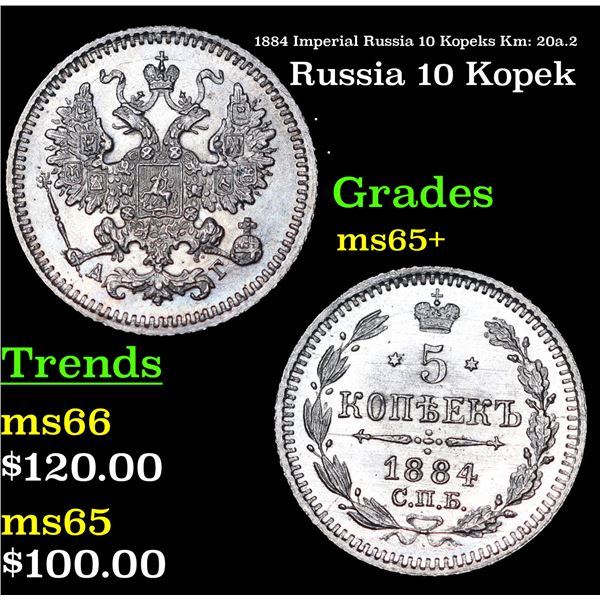 1884 Imperial Russia 10 Kopeks Km: 20a.2 Grades GEM+ Unc