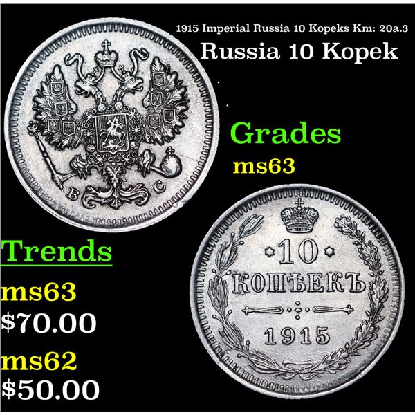 1915 Imperial Russia 10 Kopeks Km: 20a.3 Grades Select Unc