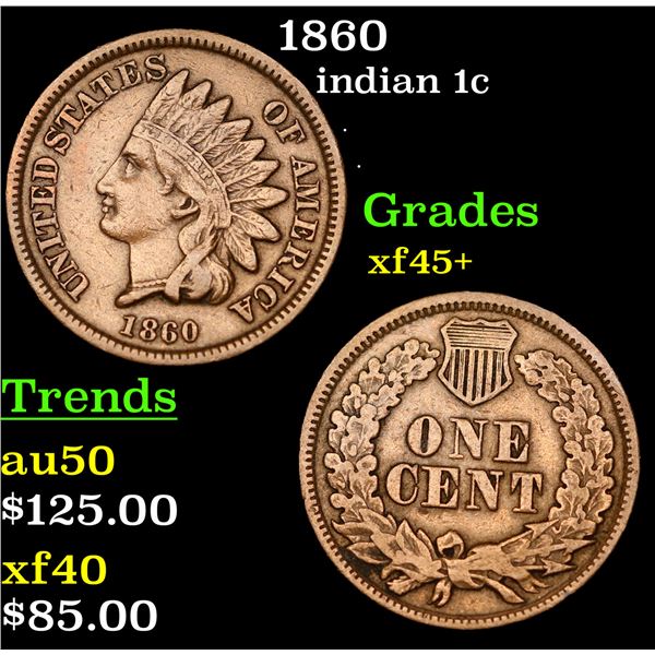 1860 Indian Cent 1c Grades xf+++