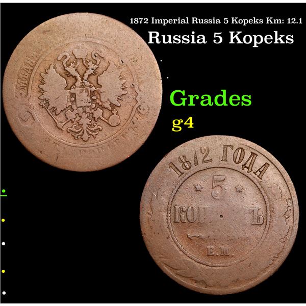 1872 Imperial Russia 5 Kopeks Km: 12.1 Grades g, good