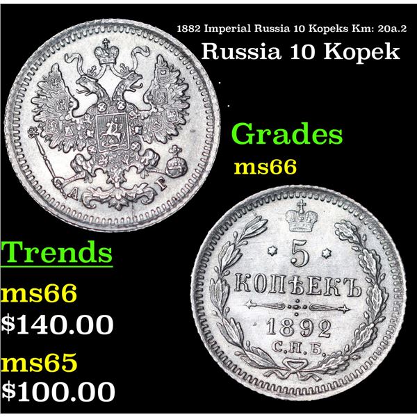 1892 Imperial Russia 10 Kopeks Km: 20a.2 Grades GEM+ Unc