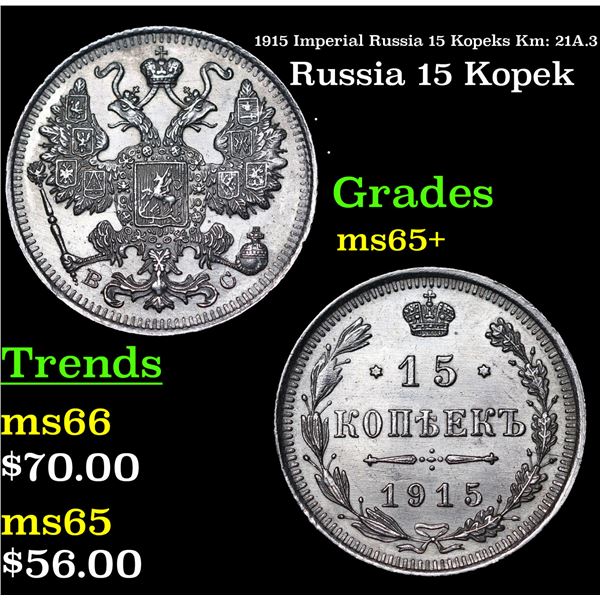 1915 Imperial Russia 15 Kopeks Km: 21A.3 Grades GEM+ Unc