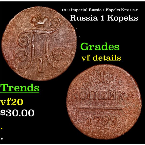 1799 Imperial Russia 1 Kopeks Km: 94.2 Grades vf details