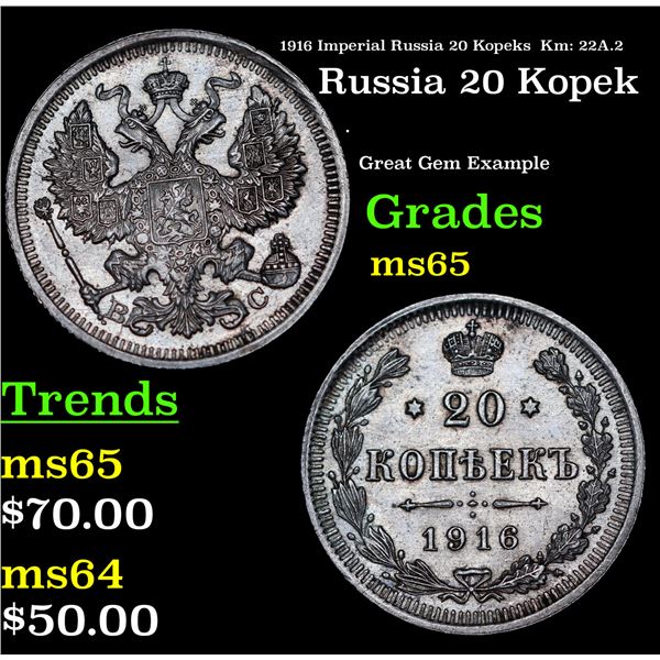 1916 Imperial Russia 20 Kopeks  Km: 22A.2 Grades GEM Unc