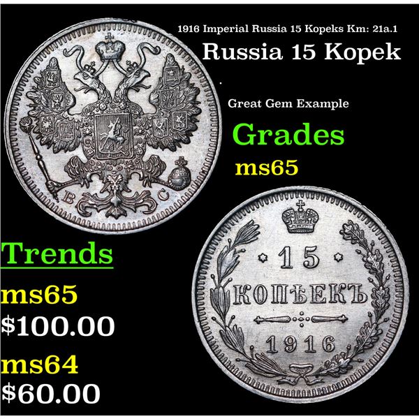 1916 Imperial Russia 15 Kopeks Km: 21a.1 Grades GEM Unc