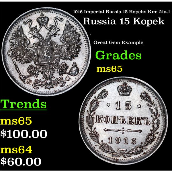 1916 Imperial Russia 15 Kopeks Km: 21a.1 Grades GEM Unc