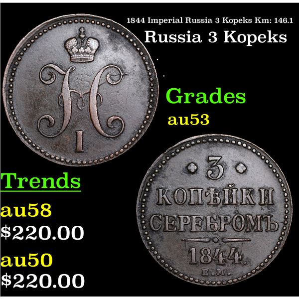 1844 Imperial Russia 3 Kopeks Km: 146.1 Grades Select AU